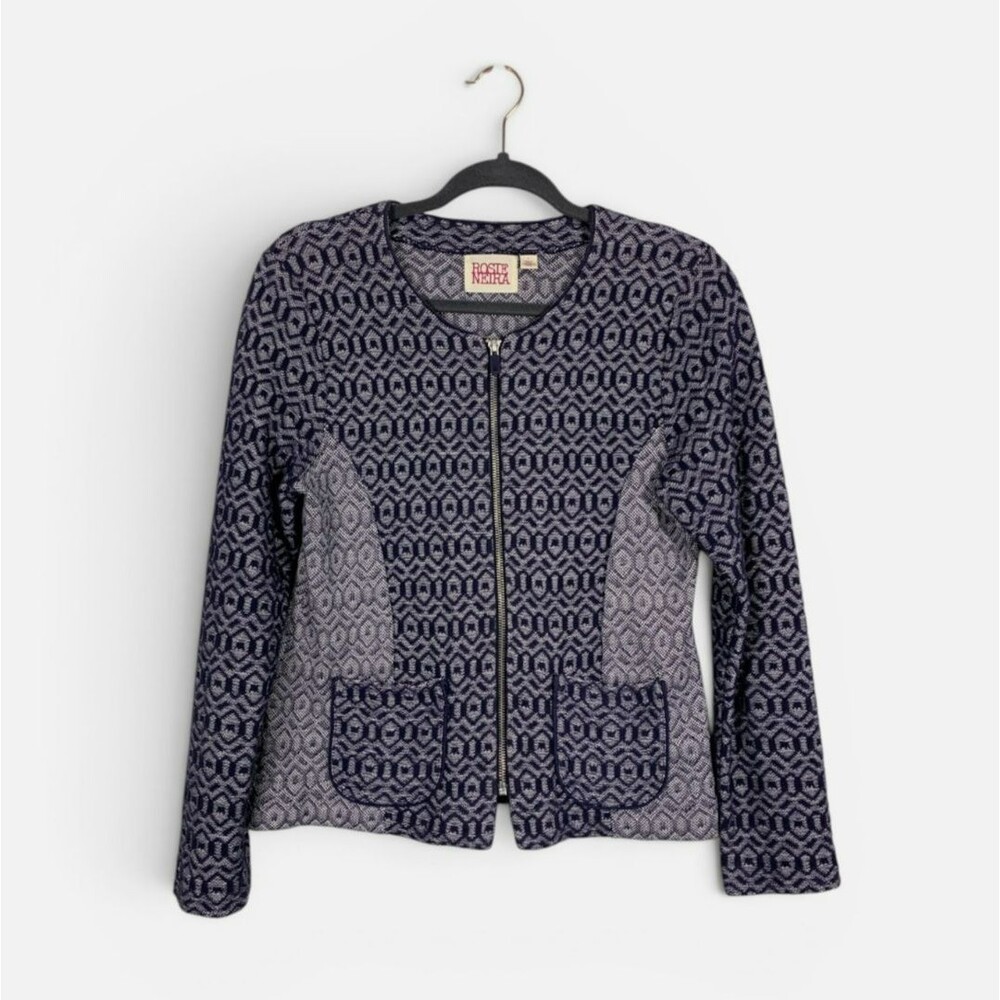 Anthropologie Rosie Neira Jacket Blue Gray Geo Diamond Zip Large
